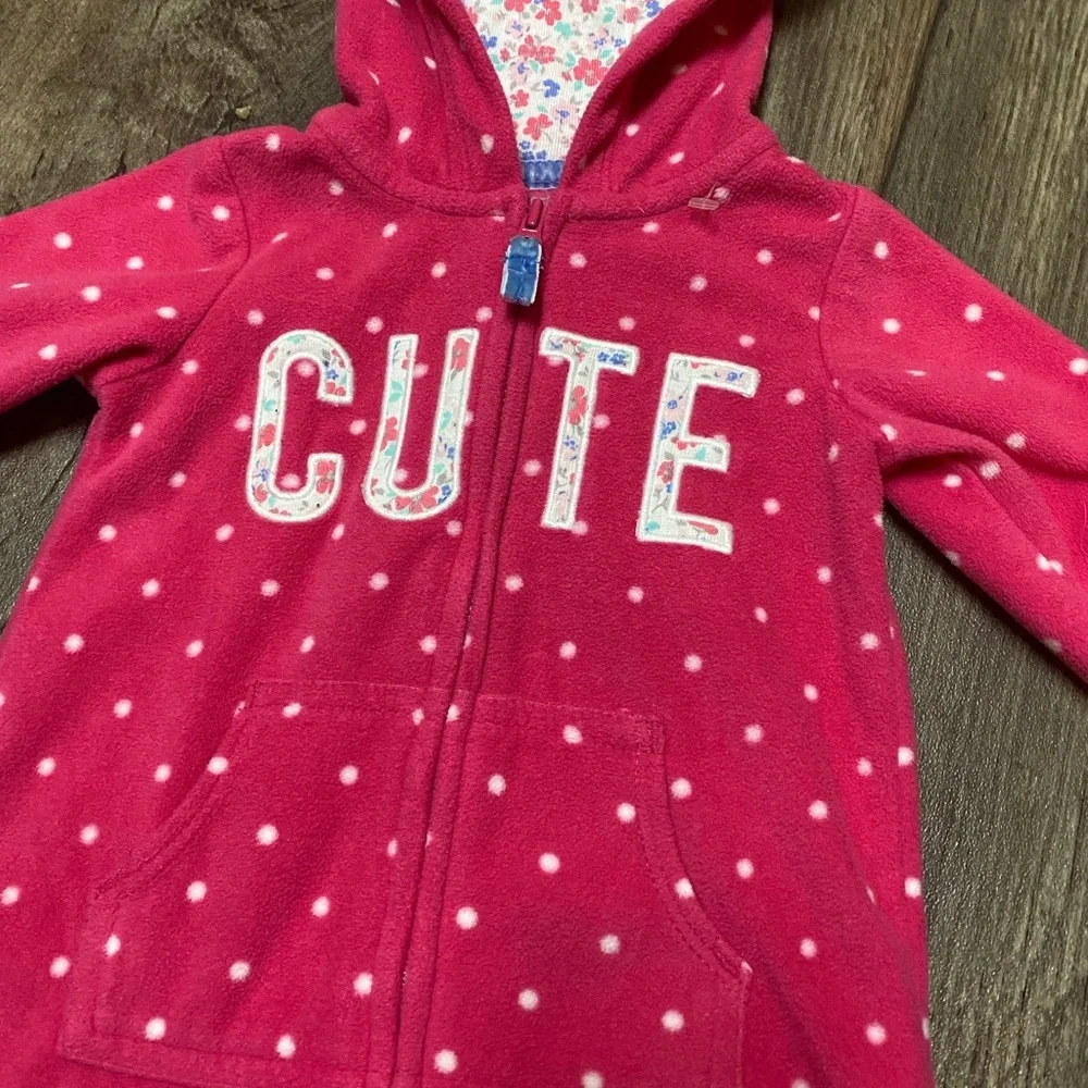 Carter’s Baby Girl Pink Fleece Hooded Onesie | Polka Dot “CUTE” Outfit | 6M
